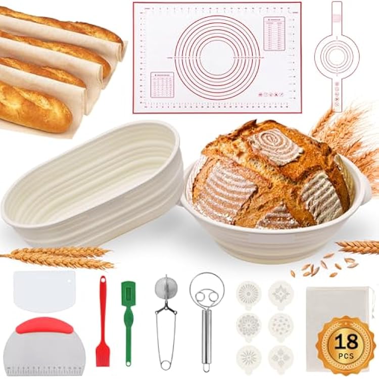 Aliggbent Silicone Banneton Bread Proofing Baskets, 10 Oval & 9 Round Foldable Sourdough Bread Baking Supplies 18Pcs Sourdough Starter Kit Easy-to-Clean Proofing Baskets for Sourdough Bread Baking