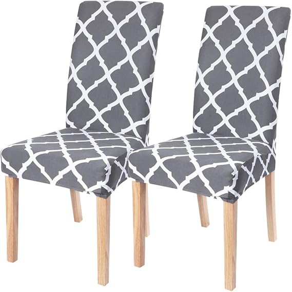 SearchI Dining Room Chair Covers Set of 2, Stretch Geometric Parsons Chair Slipcovers Spandex Removable Washable Kitchen Chair Protector Cover for Dining Room, Hotel, Ceremony (Gray+White)