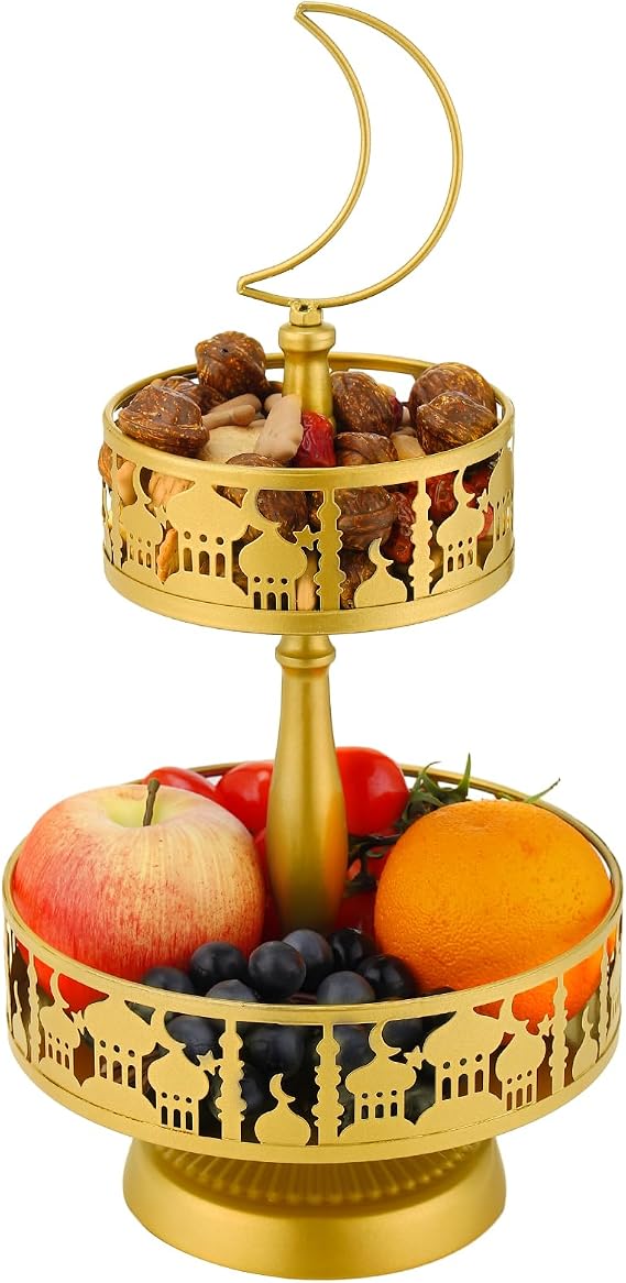 Ramadan Serving Trays - 2 Tiered Metal Platters Eid Mubarak Islam Muslim Al-Fitr Iftar Party Food Serving Tray Ramadan Decoration for Home Breakfast Dinner Table Decor (Gold Castle)