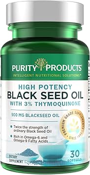 Purity Products High Potency Black Seed Oil - Double Strength + Cold Pressed - 3% Thymoquinone - 500 mg Black Cumin Seed Oil - Omega 6 + 9 Essential Fatty Acids - Easy to Swallow - 30 Mini Softgels