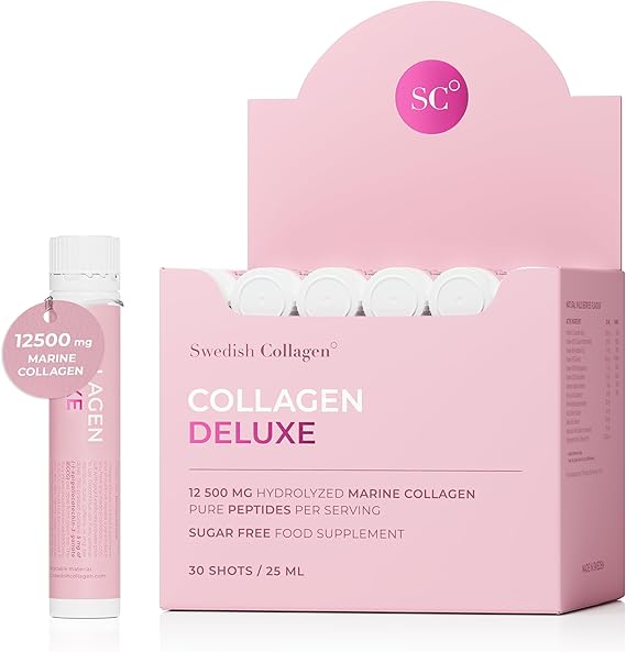 Swedish Collagen Deluxe, 12,500 mg Hydrolyzed Marine Collagen Liquid Supplement - 30 x 25 ml Daily Shots | Hyaluronic Acid, Biotin & Vitamin C for Healthy Hair, Skin, Nails & Joints | Sugar-Free
