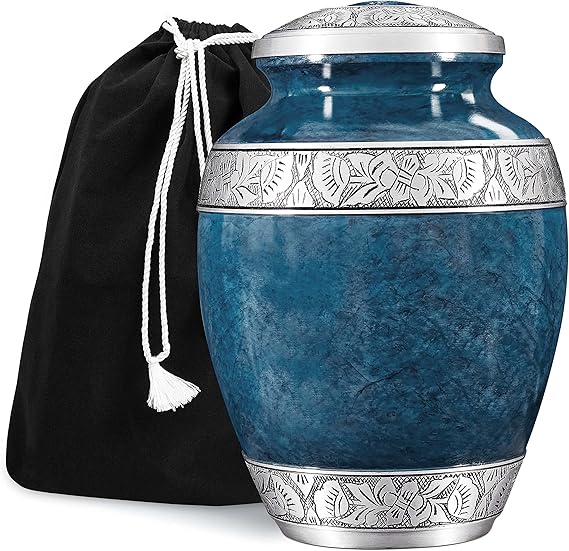 GSM Brands Cremation Urn for Adult Human Ashes - Large Handcrafted Funeral Memorial with Striking Blue Design (Aluminum - 10 Inch Height x 7 Inch Width)
